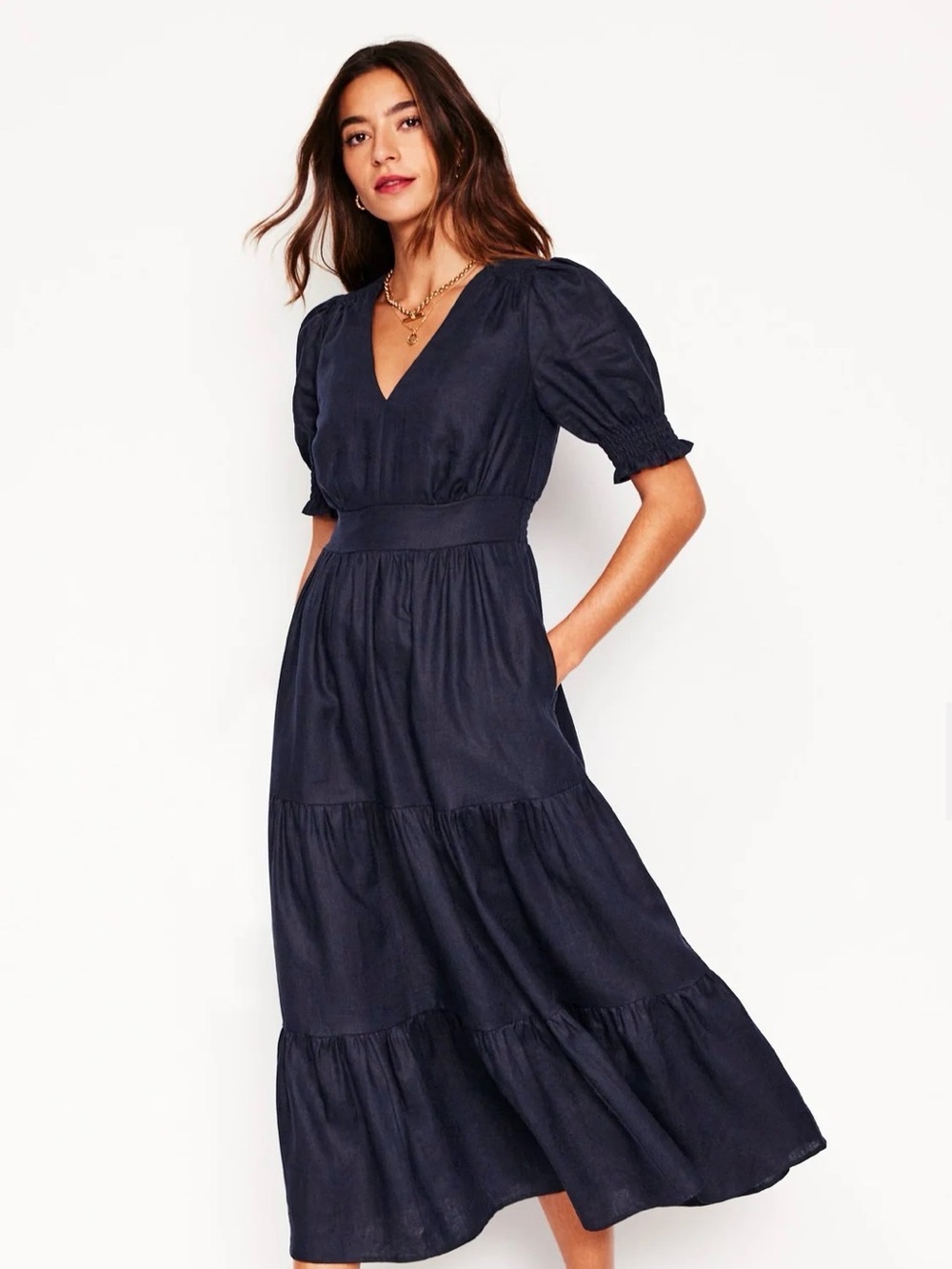 Boden Black V‑Neck Tiered Puff‑Sleeve Midi Dress